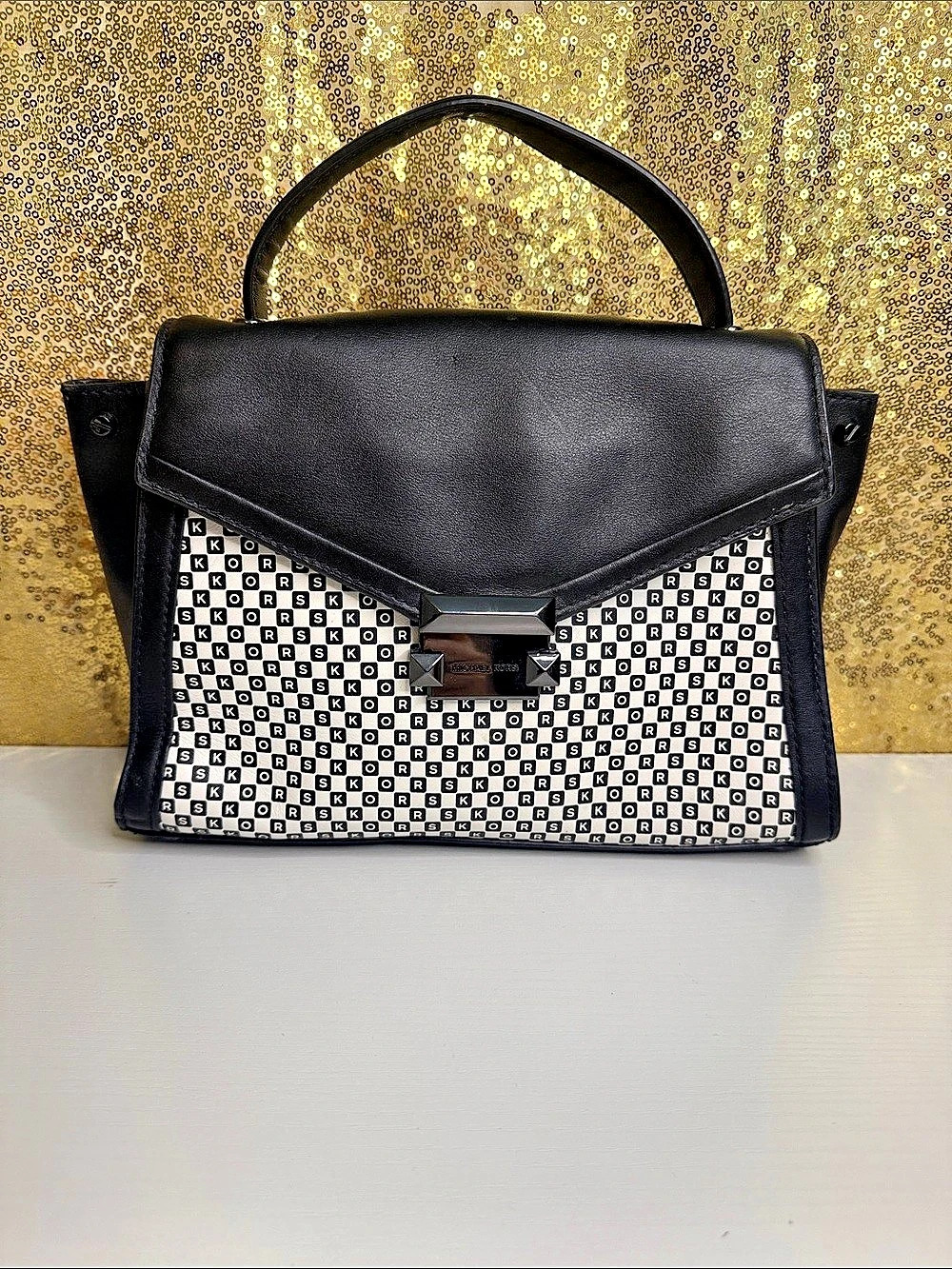 Michael Kors Whitney leather Checkerboard Logo Satchel Black & White
